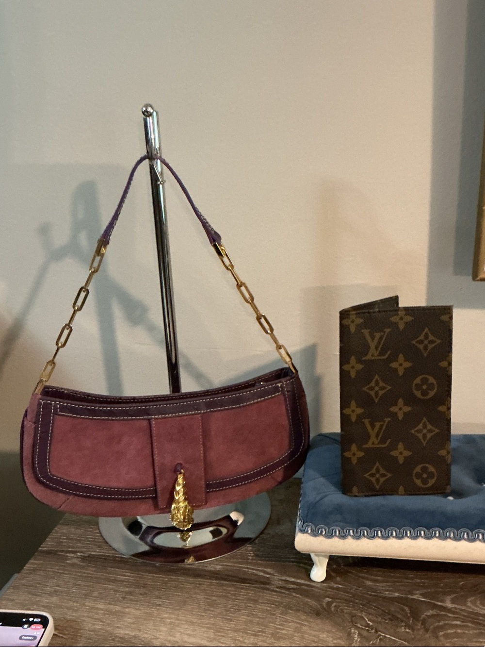 Fashion Plum Suede Shoulder Bag Gold-Tone Chain Strap Tiger Head Checkbook Cover